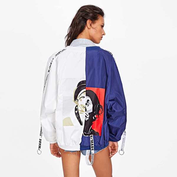 

Patch Back Ribbon Detail Two Tone Bomber Jacket