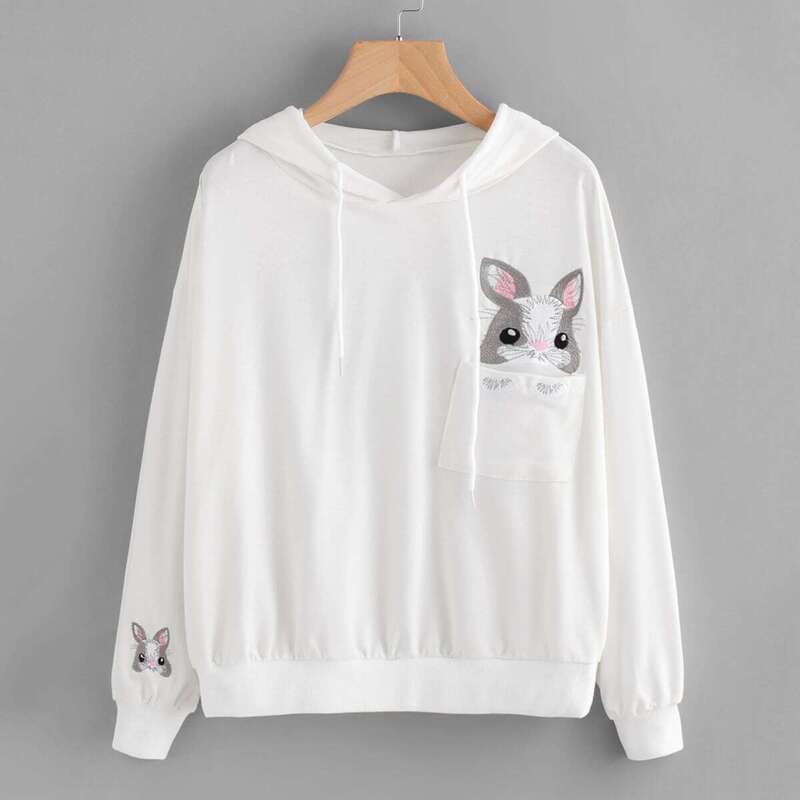

Animal Embroidered Hoodie With Chest Pocket, White