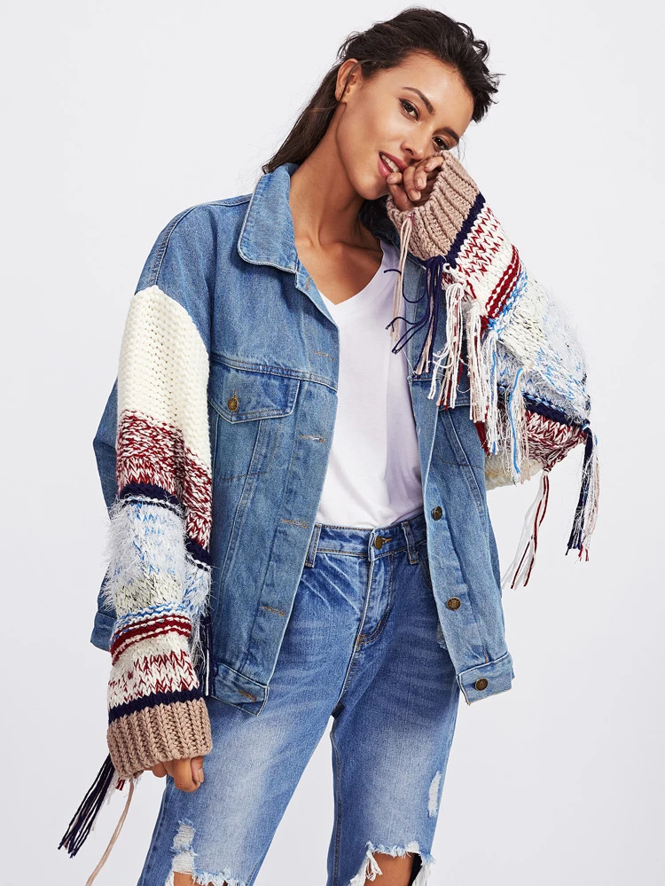 knit sleeve denim jacket
