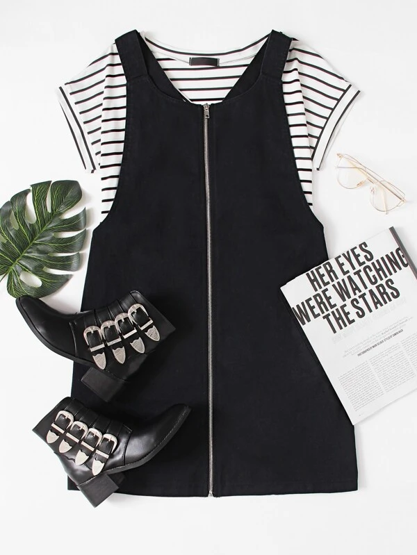 black overall dress with zipper