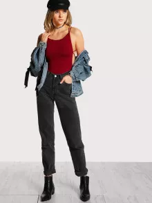 SHEIN Strappy Open-Back Thong Bodysuit - Burgundy - View 5