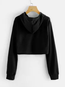 Drawstring Crop Hoodie - Black - View 2
