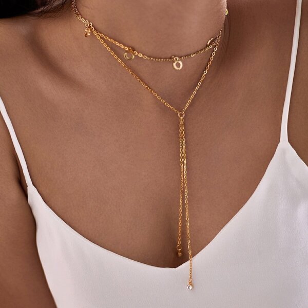 

Ring Design Pendant Chain Necklace With Rhinestone, Gold