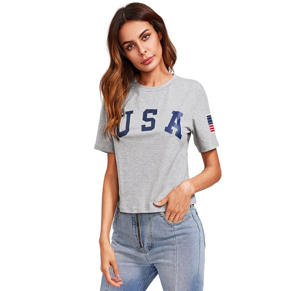 

American Flag Letter Print Drop Shoulder Crop Tee, Grey