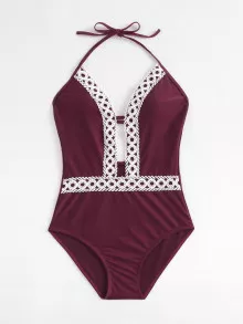 Crochet Lace Trim Plunge Swimsuit - Burgundy - View 3