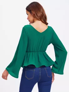 SHEIN Bell Sleeve Wrap Blouse - Green - View 4