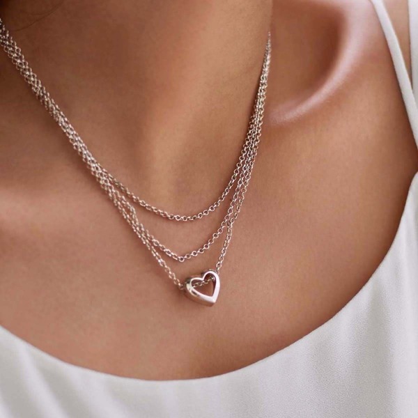 

Heart Pendant Layered Chain Necklace, Silver