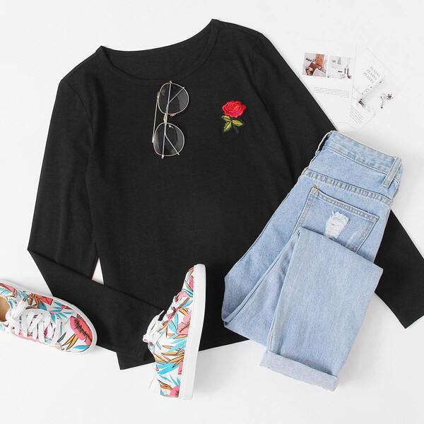 

Embroidered Rose Patch Tee, Black