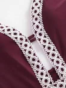 Crochet Lace Trim Plunge Swimsuit - Burgundy - View 4