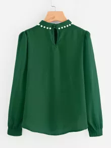 Pearl Beading Puff Sleeve Chiffon Blouse - Green - View 2