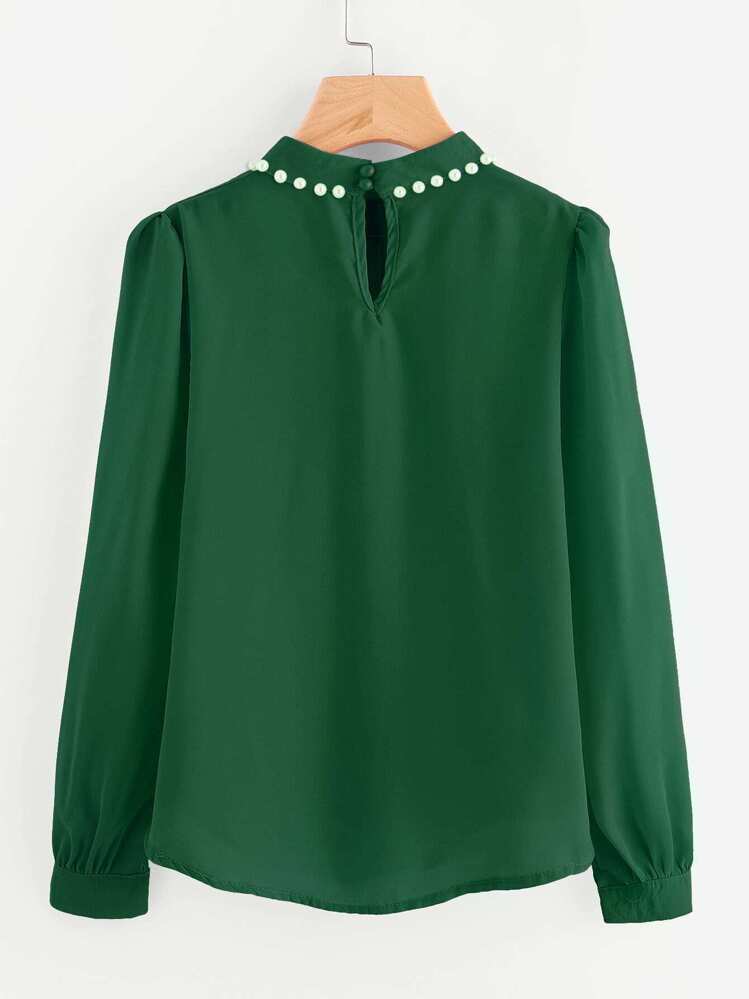 Pearl Beading Puff Sleeve Chiffon Blouse - Green - View 2