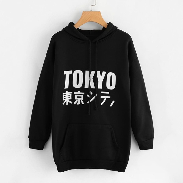 

Letter Graphic Long Hoodie, Black