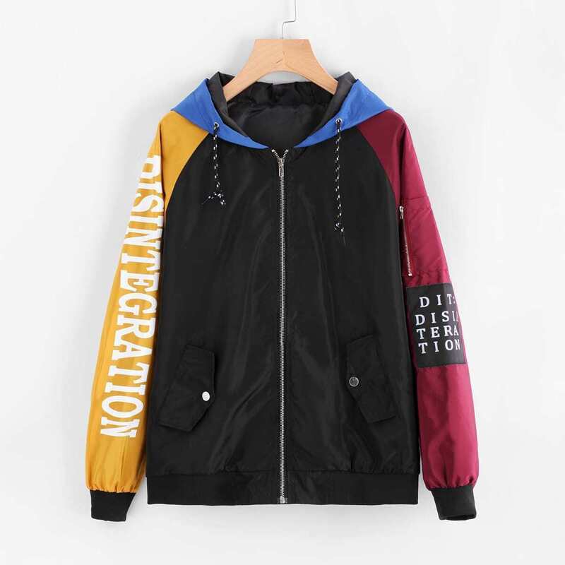 

Contrast Sleeve Letter Print Patch Detail Hooded Jacket, Black multicolor