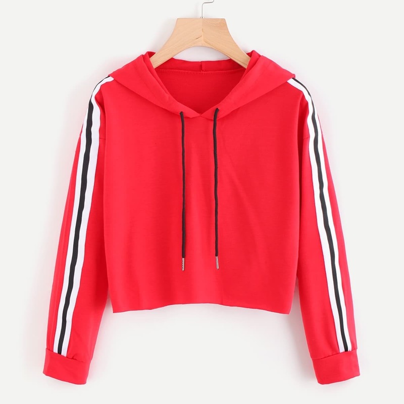 

Contrast Striped Drawstring Hoodie, Red bright