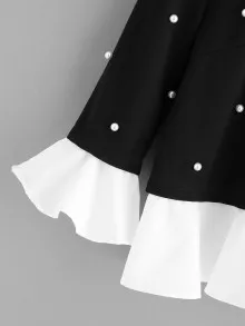 Frill Neck Pearl Embellished Ruffle Hem Top - Black and White - View 5