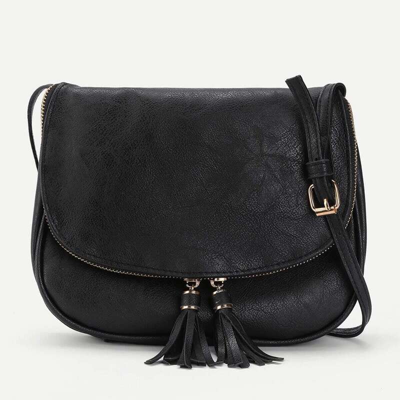 

Double Tassel Flap PU Crossbody Bag, Black