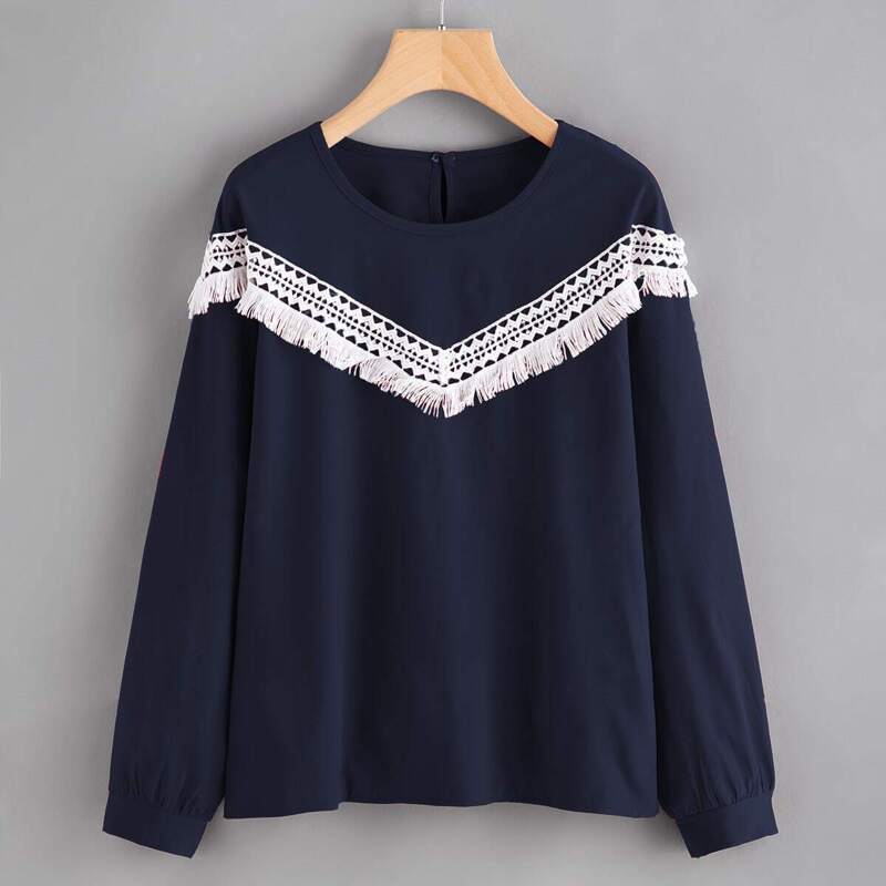 

Contrast Crochet Applique Blouse, Navy