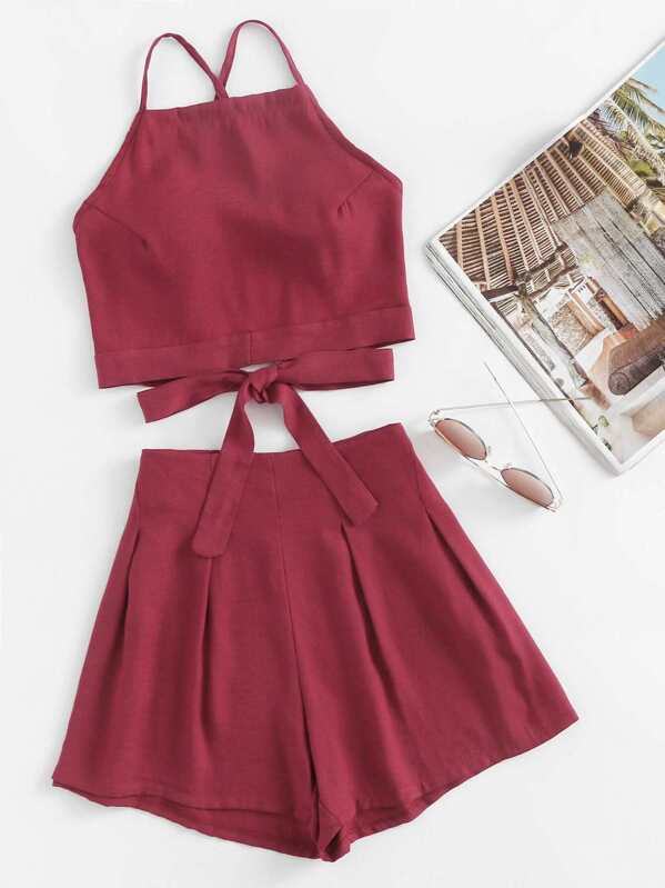 

Bow Tie Open Back Cami Top And Shorts Set