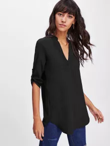 EMERY ROSE 胸前口袋捲袖前短後長襯衫 - 黑色 - 查看 5