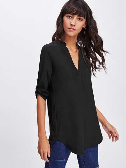 EMERY ROSE Roll Tab Sleeve Curved Hem Longline Top