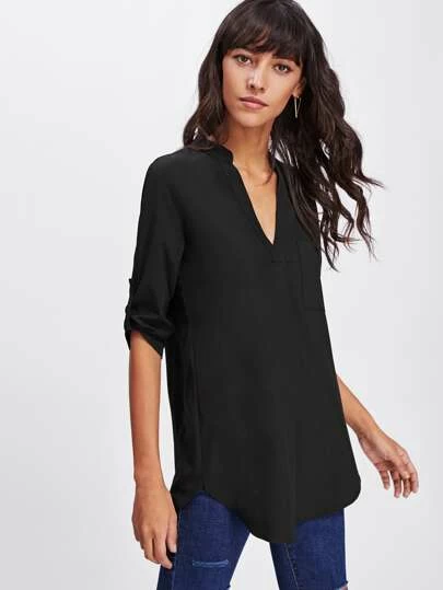 EMERY ROSE Roll Tab Sleeve Curved Hem Longline Top
