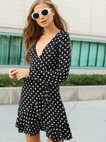Surplice Wrap Polka Dot Dress
