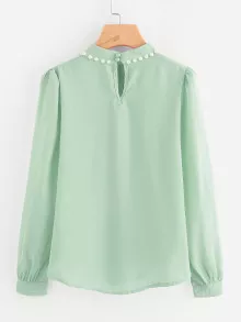 領串珠裝飾前短後長壓褶雪紡襯衫 - 綠色 - 查看 4