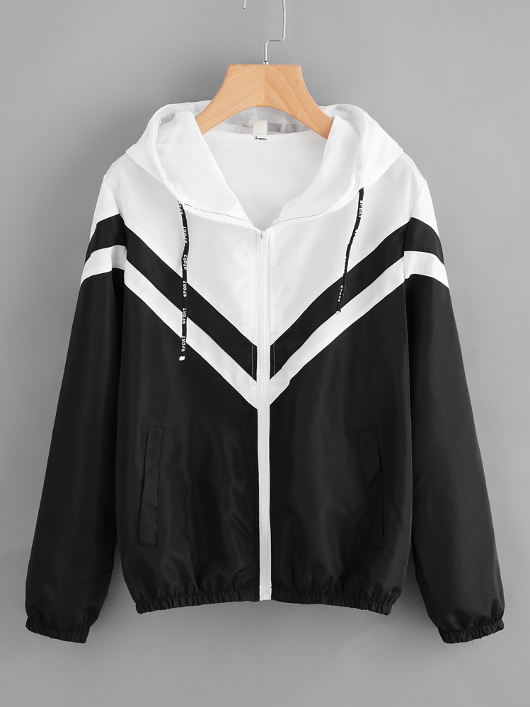 Two Tone Hooded Zip Up Jacket - Black and White - View 1