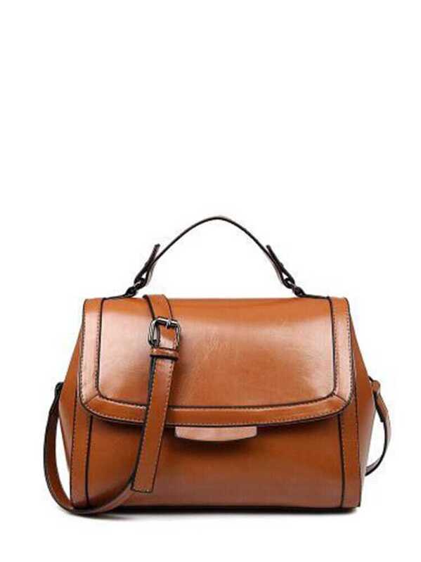 

PU Flap Shoulder Bag With Handle, Brown