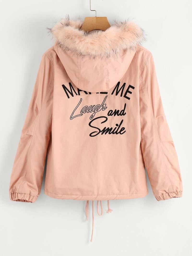 Chaqueta parka con forro ribete de pelo sintético en contraste sin bolsa Chaqueta parka con forro ribete de pelo sintético en contraste sin bolsa