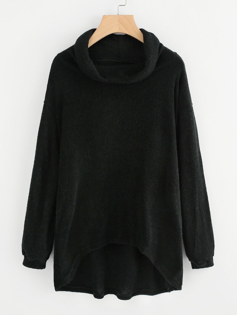

High Neck Dip Hem Knit Sweater, Black