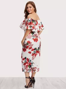 Plus Off Shoulder Floral Print Tiered Dress - Multicolor - View 2