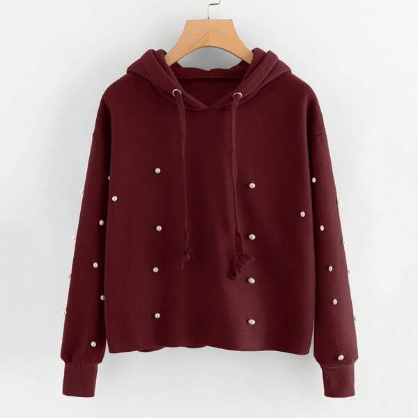 

Pearl Beaded Drawstring Hoodie, Burgundy