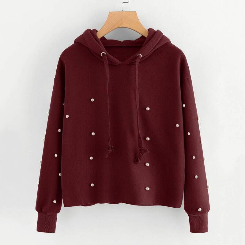 Pearl Beaded Drawstring Hoodie, Burgundy