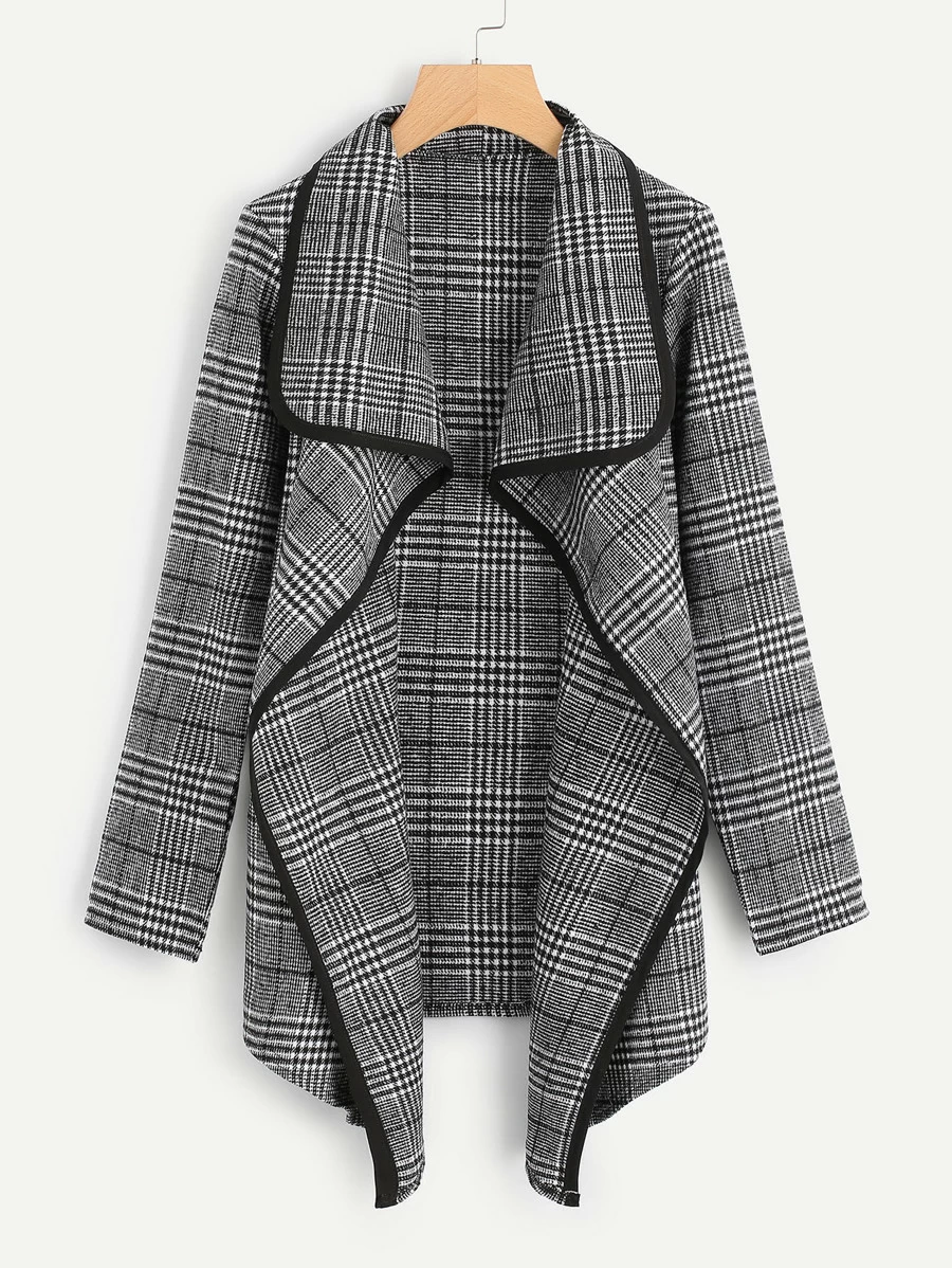 Tartan Plaid Waterfall Neck Jacket - Dark Grey - View 1
