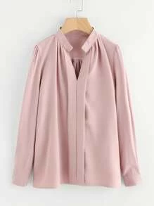Mock Neck Pleated Detail Shirt - Baby Pink - View 1
