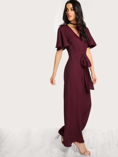 Ruffle Sleeve Self Tie Palazzo Jumpsuit