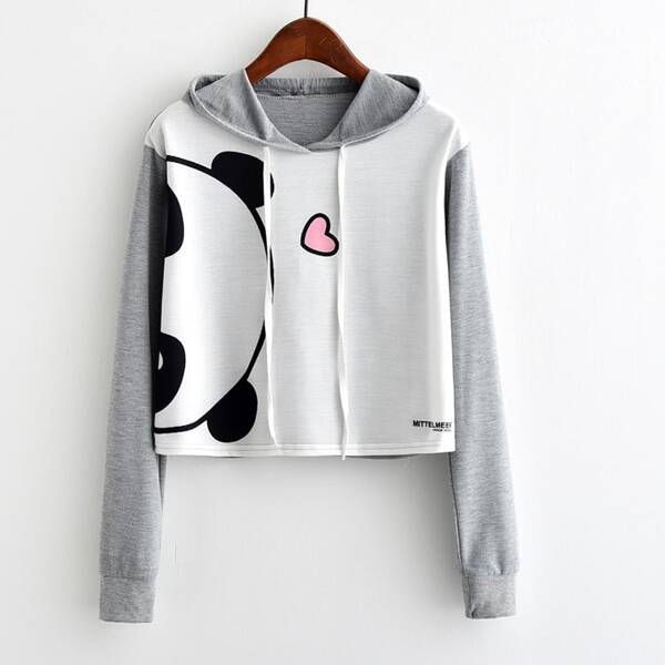 

Panda Graphic Contrast Sleeve Hoodie, Multicolor