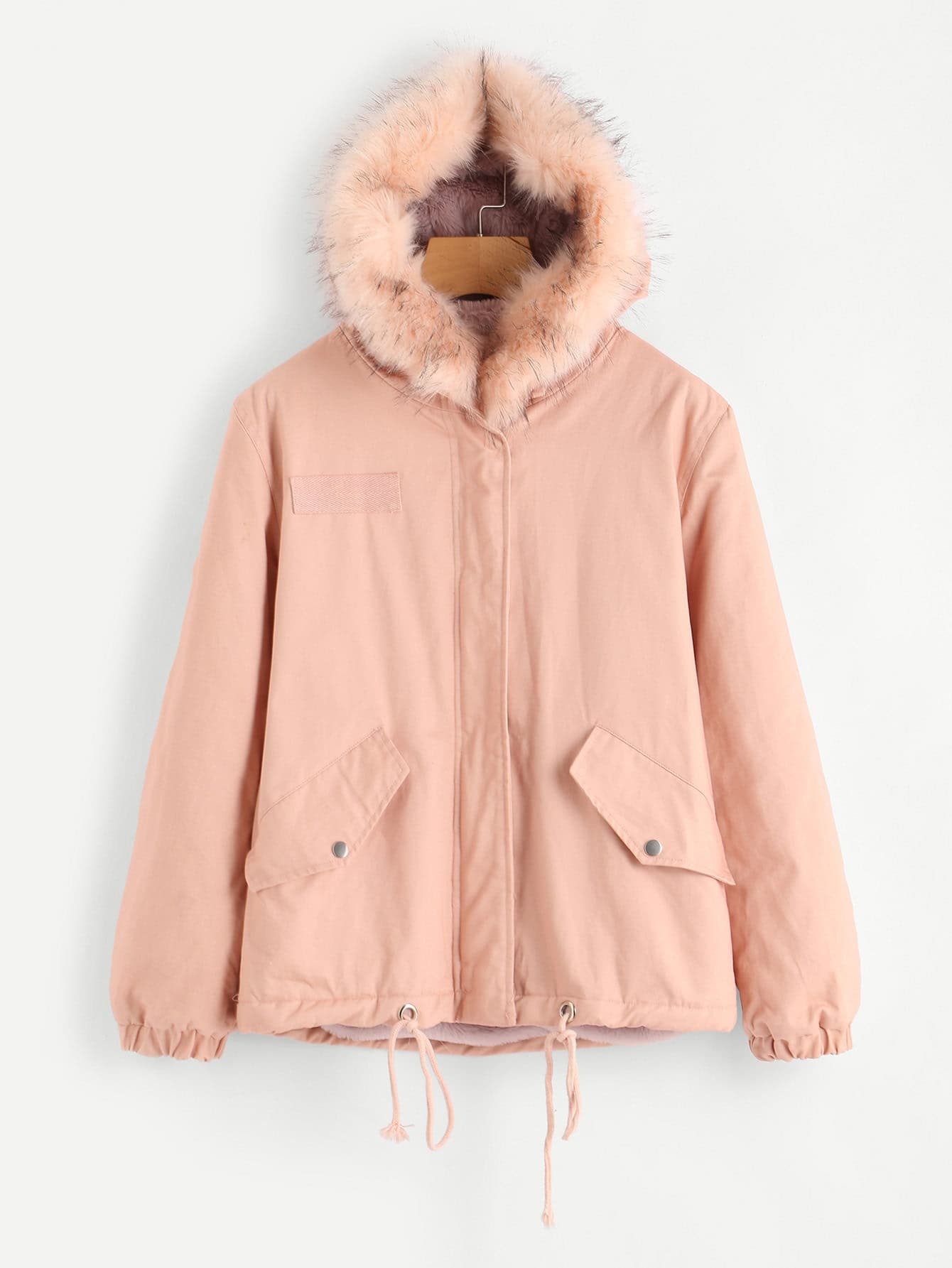 Chaqueta parka con forro ribete de pelo sintético en contraste sin bolsa Chaqueta parka con forro ribete de pelo sintético en contraste sin bolsa