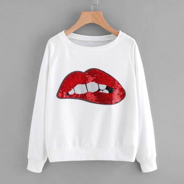 

Sequin Lip Patch Raglan Sleeve Sweatshirt, White