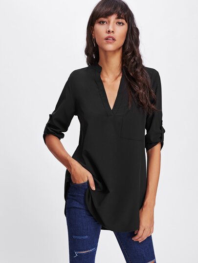 EMERY ROSE Roll Tab Sleeve Curved Hem Longline Top