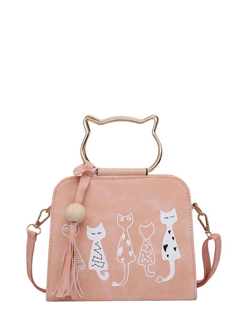 

Cartoon Print PU Shoulder Bag With Cat Ear Handle, Pink