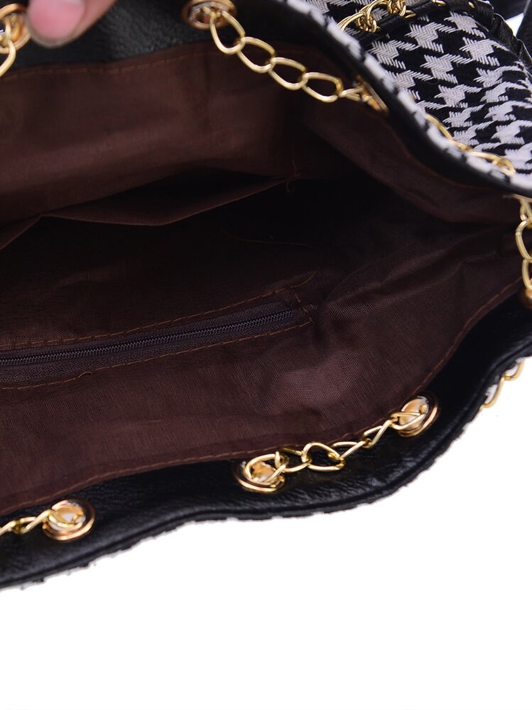 Houndstooth Print Tassel Drawstring Bucket Bag - Black and White - View 5