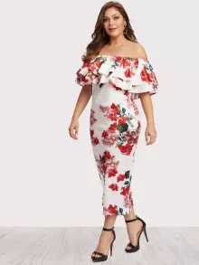 Plus Off Shoulder Floral Print Tiered Dress - Multicolor - View 4