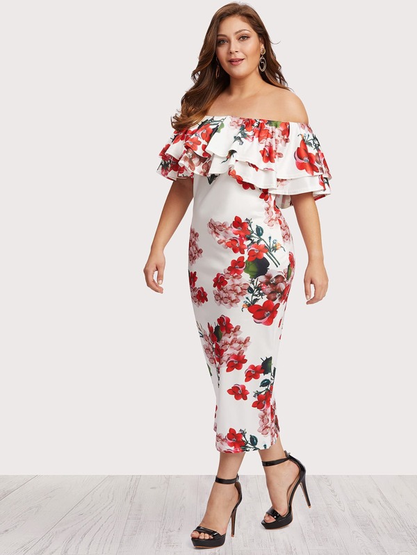 Plus Off Shoulder Floral Print Tiered Dress | SHEIN USA