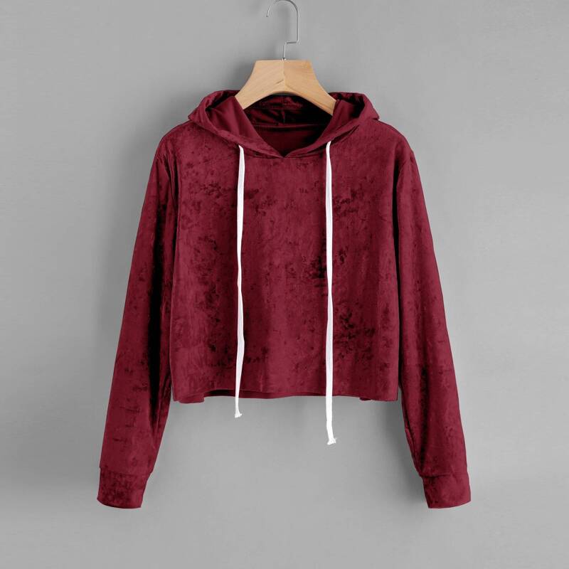

Velvet Drawstring Crop Hoodie, Brown