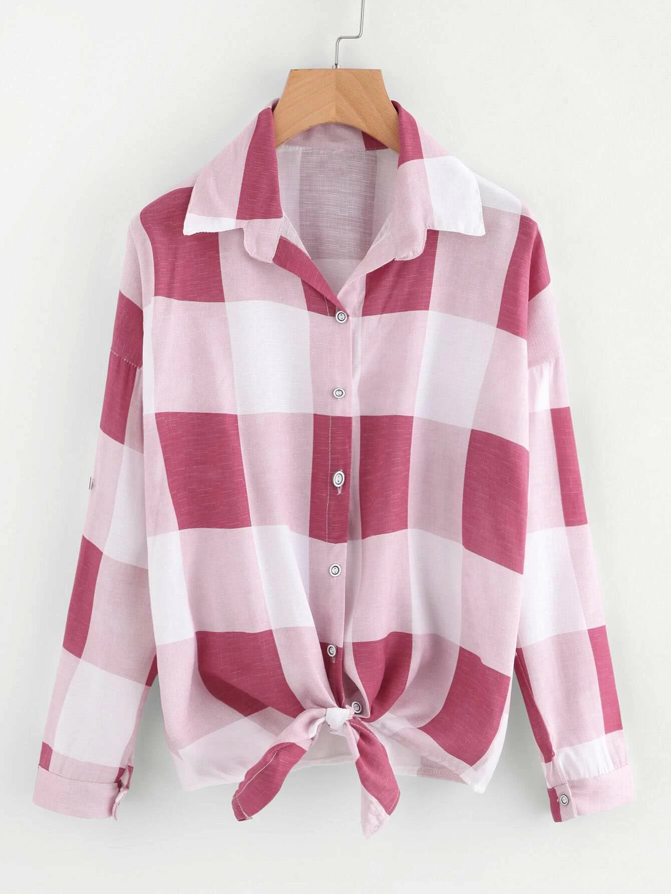 Blusa de cuadros con nudo delantero de hombros caídos | ROMWE Camisa de cuadros bajo con nudo de hombros caídos | ROMWE