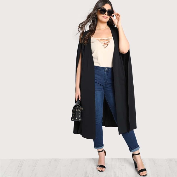 

Plus Solid Longline Cape Coat, Black