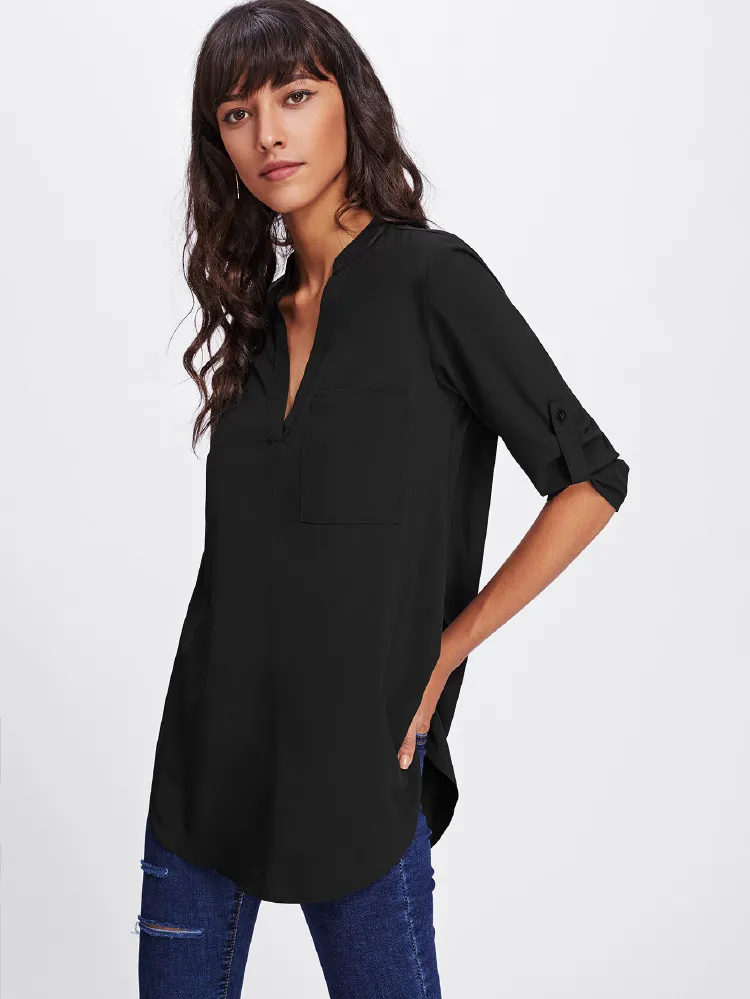 Roll Tab Sleeve Curved Hem Longline Top