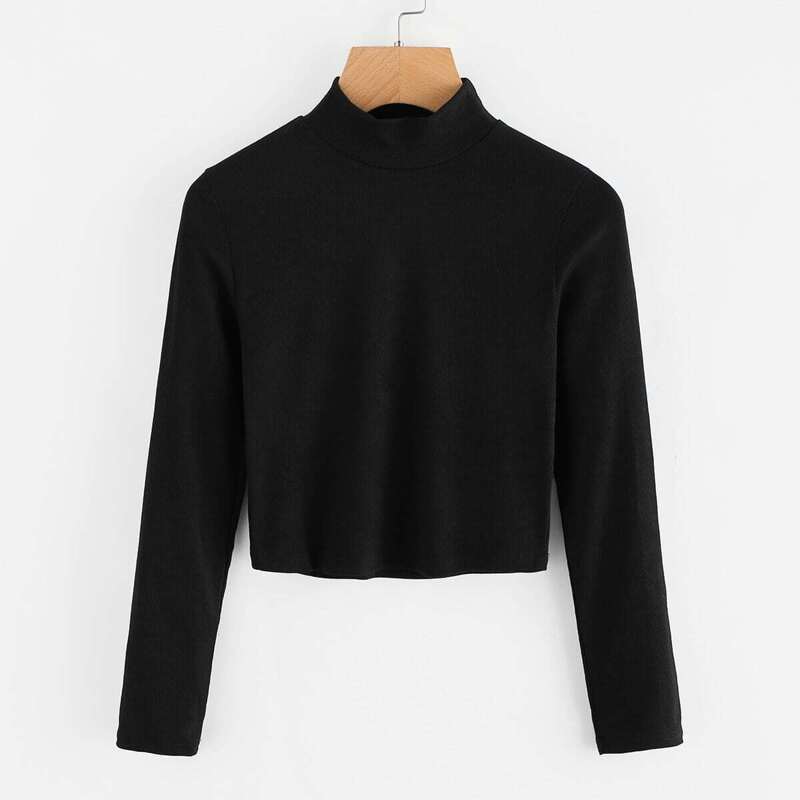 

High Neck Ribbed Crop Sweater, Black